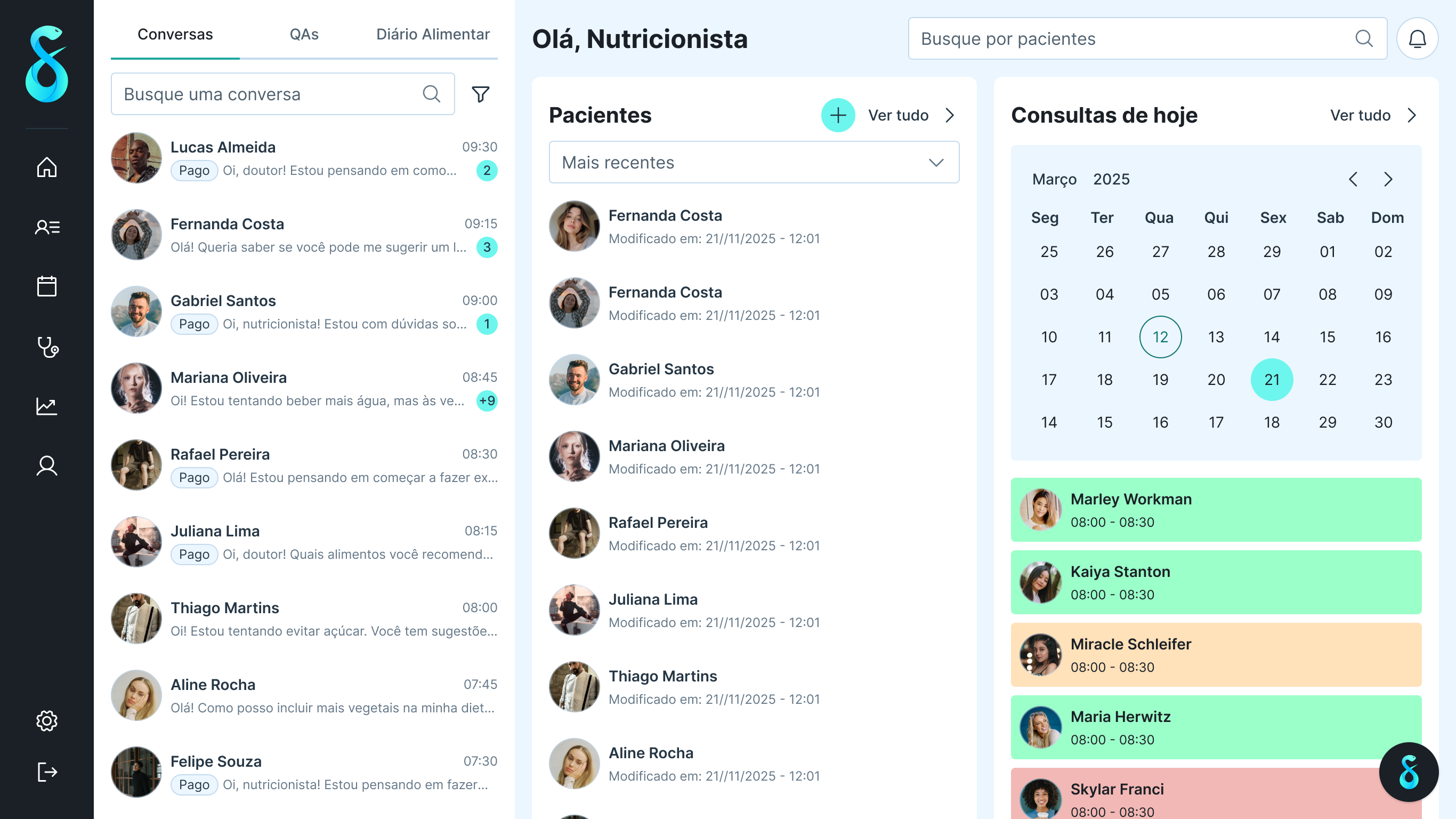 Consultório Skydiet no computador, com conversas, pacientes e agenda